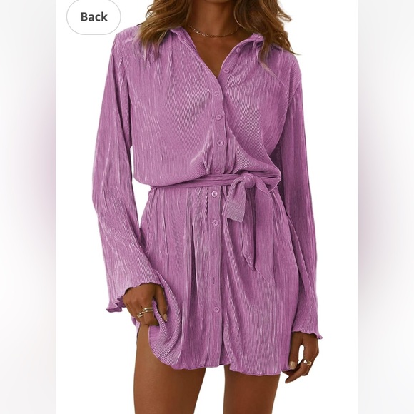 Women's Collar V Neck Button Down Pleated Long Sleeve Mini Shirt Dress with Belt - Picture 1 of 3